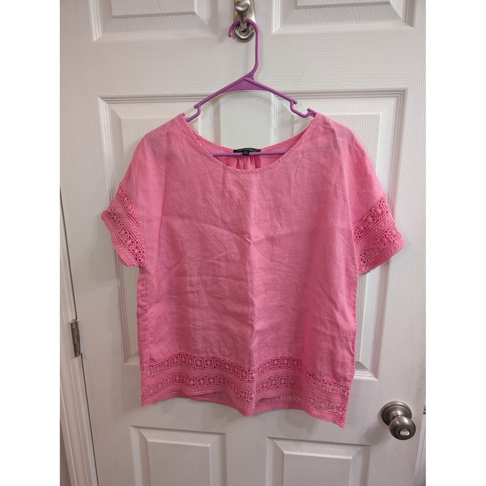 For Cynthia Linen Blouse Pink‎ Crochet Lace Trim Top - Size L